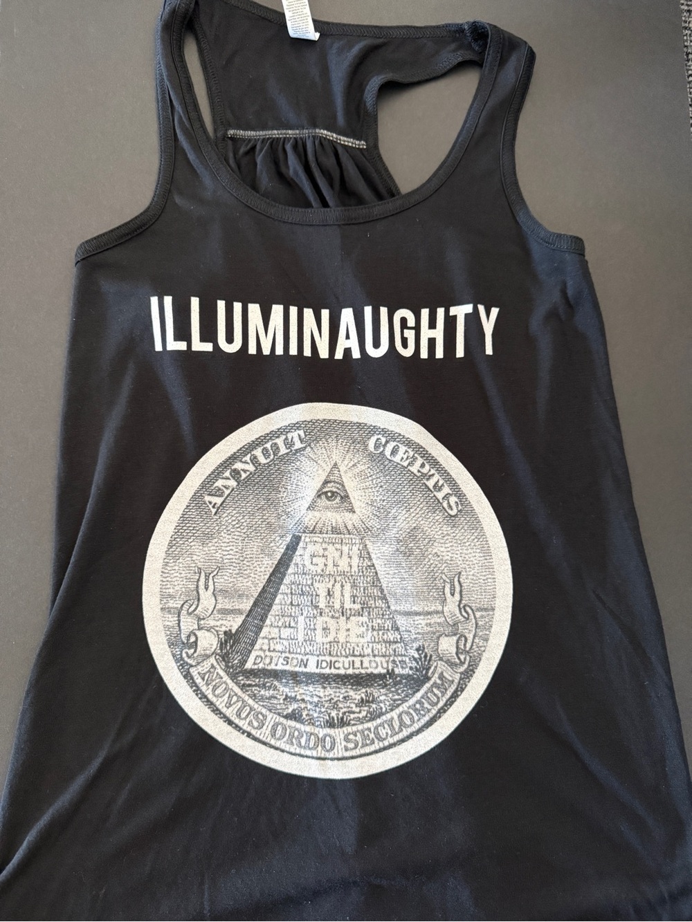 Two Women's Black Tanks - Illuminati Graphic Print Racerback Cotton Tank, Size M